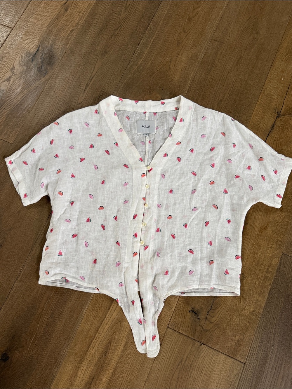 Rails White Linen Button-Front Shirt with Pink Watermelon Print